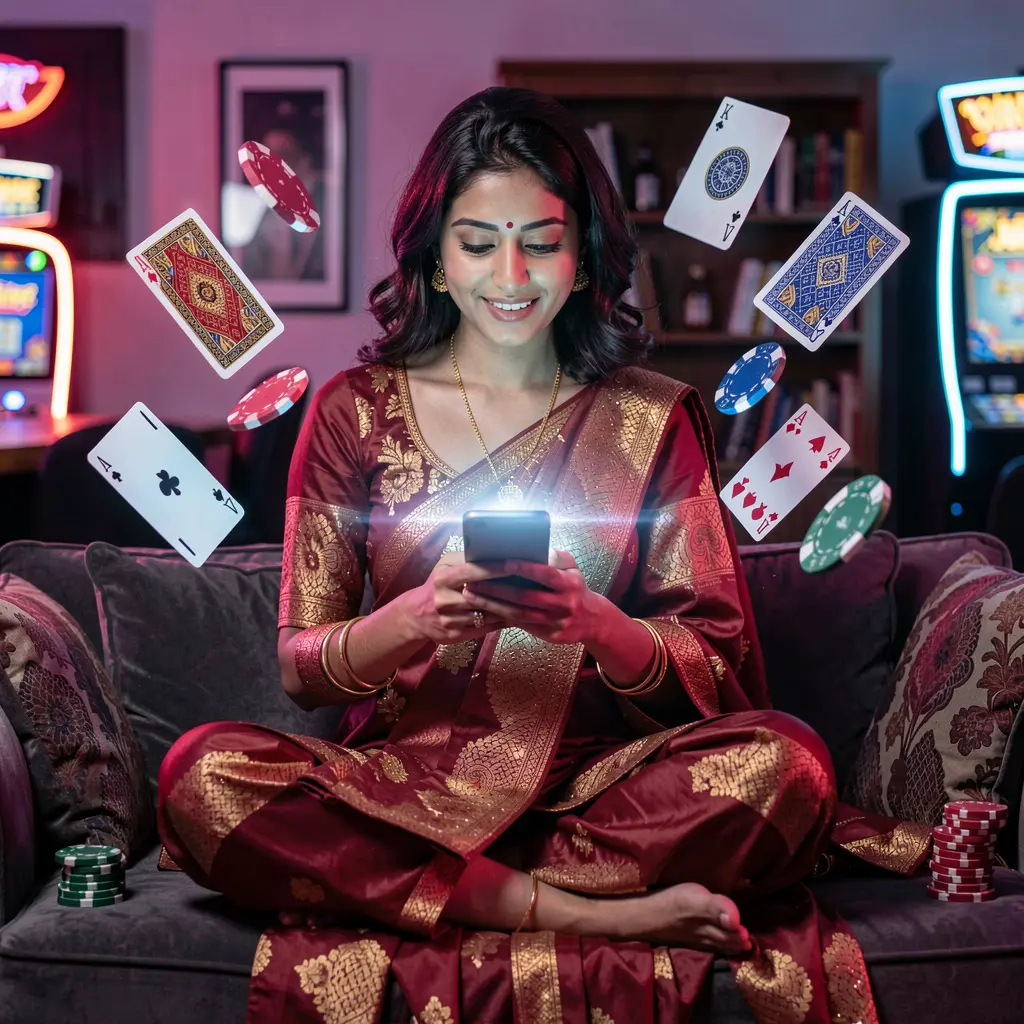 Focused Bangladeshi woman using the 64OK casino app on her smartphone as digital cards and chips float in a neon gaming scene