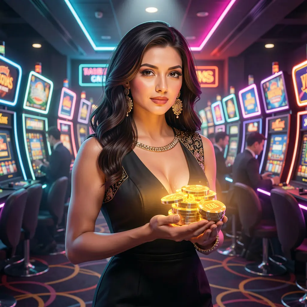 Luxury casino themed portrait of a confident woman holding poker chips in a neon lit environment representing the thrilling casino world of 64OK in Bangladesh
